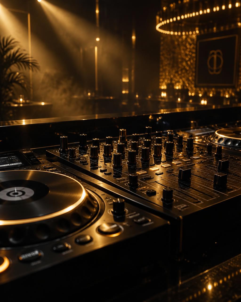DJ mixer arany fényben, éjszakai esemény hangulatban